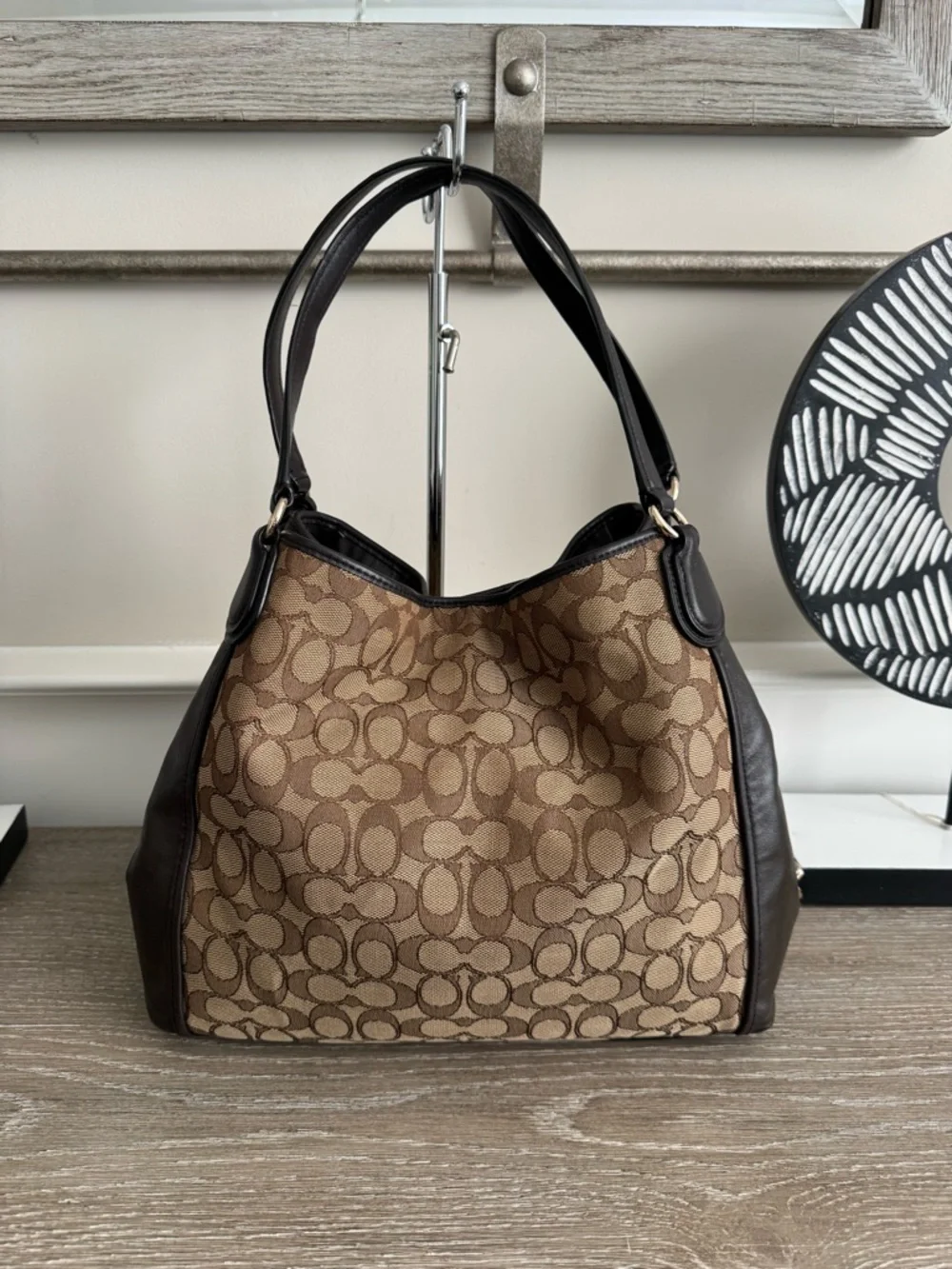 Coach Brown Signature Canvas Shoulder Bag with Dark Brown Trim - Picture 2 of 16